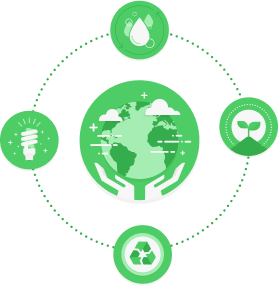 Ícone que representa a sustentabilidade, com ilustração do mundo ao meio com duas mãos abaixo